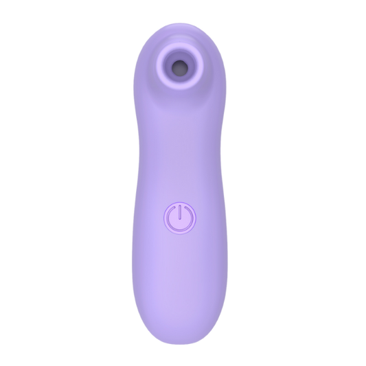 Purple clit-sucking vibrator with a power symbol on a white background