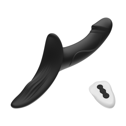 Black curved strap-on dildo with a white remote control on a transparent background