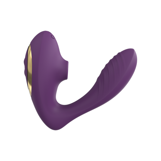 Purple wearable dual vibrator with gold band on a transparent background