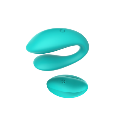 Turquoise silicone U-shaped couple's vibrator with a remote control on a white background