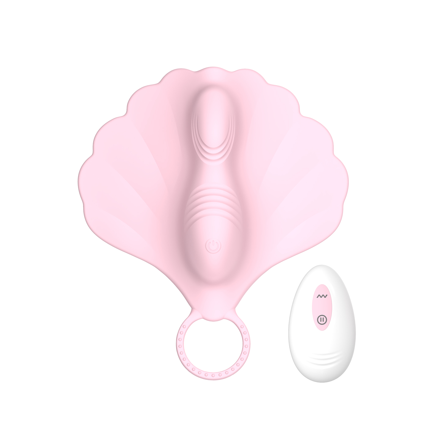 Pink clam-shaped wearable vibrator with a white remote control on a transparent background