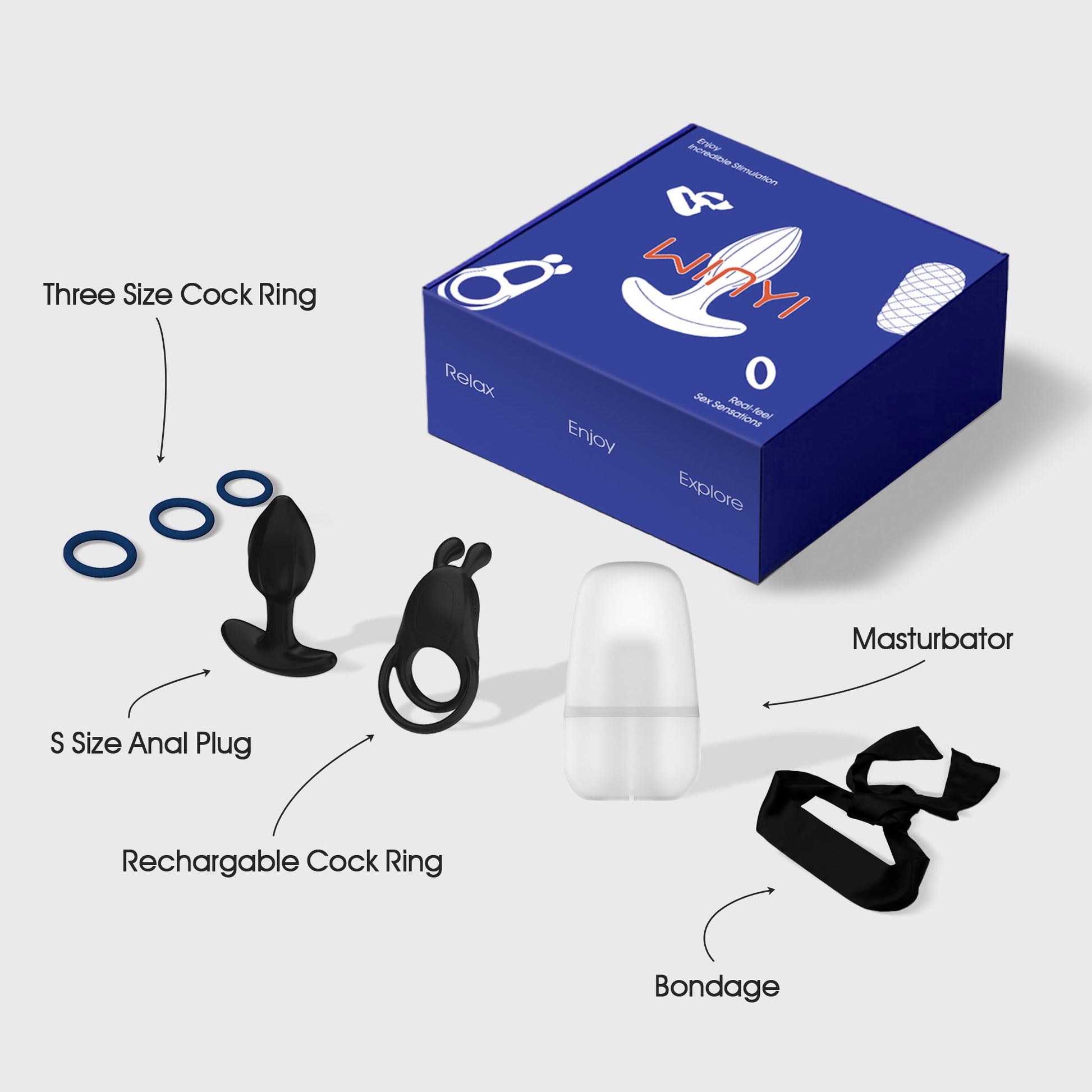 Sexual product set with cock rings, anal plug, bondage, and masturbator on a white background